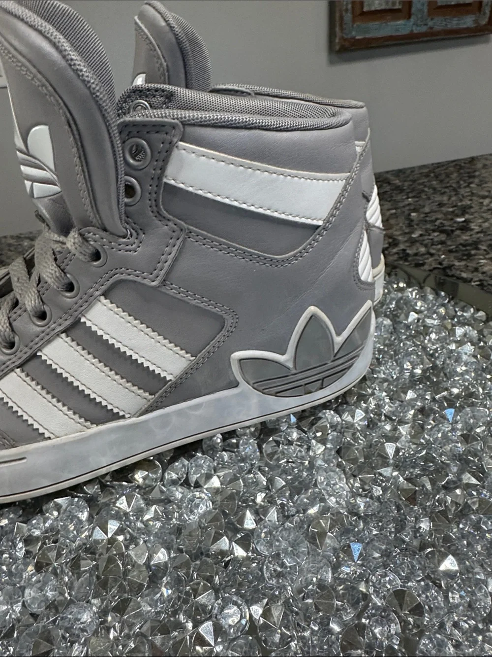 adidas Gray and White high Top Sneakers with Trefoil Logo EUC